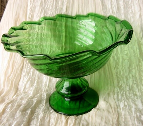Large Vintage Green Glass Fruit Bowl Compote / Candy