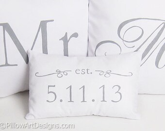 Mr and Mrs Pillow Covers with Mini Est Date Pillow Grey and White Hand Painted Made in Canada