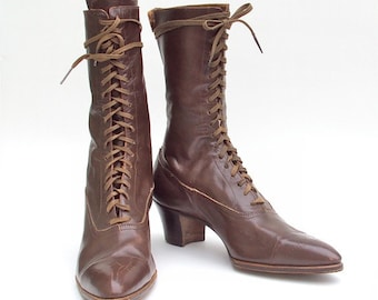 Antique Boots for Ladies, Brown Leather, Lace Up, Vintage