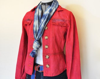 Red Small Denim JACKET - Crimson Red Hand Dyed Upcycled Bernard Sport Denim Cropped Trucker Blazer Jacket - Adult Womens Small (36" chest)