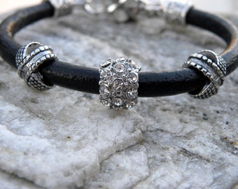 Black Leather Pave Crystal Bracelet Black BOHO Silver Flower Heart
