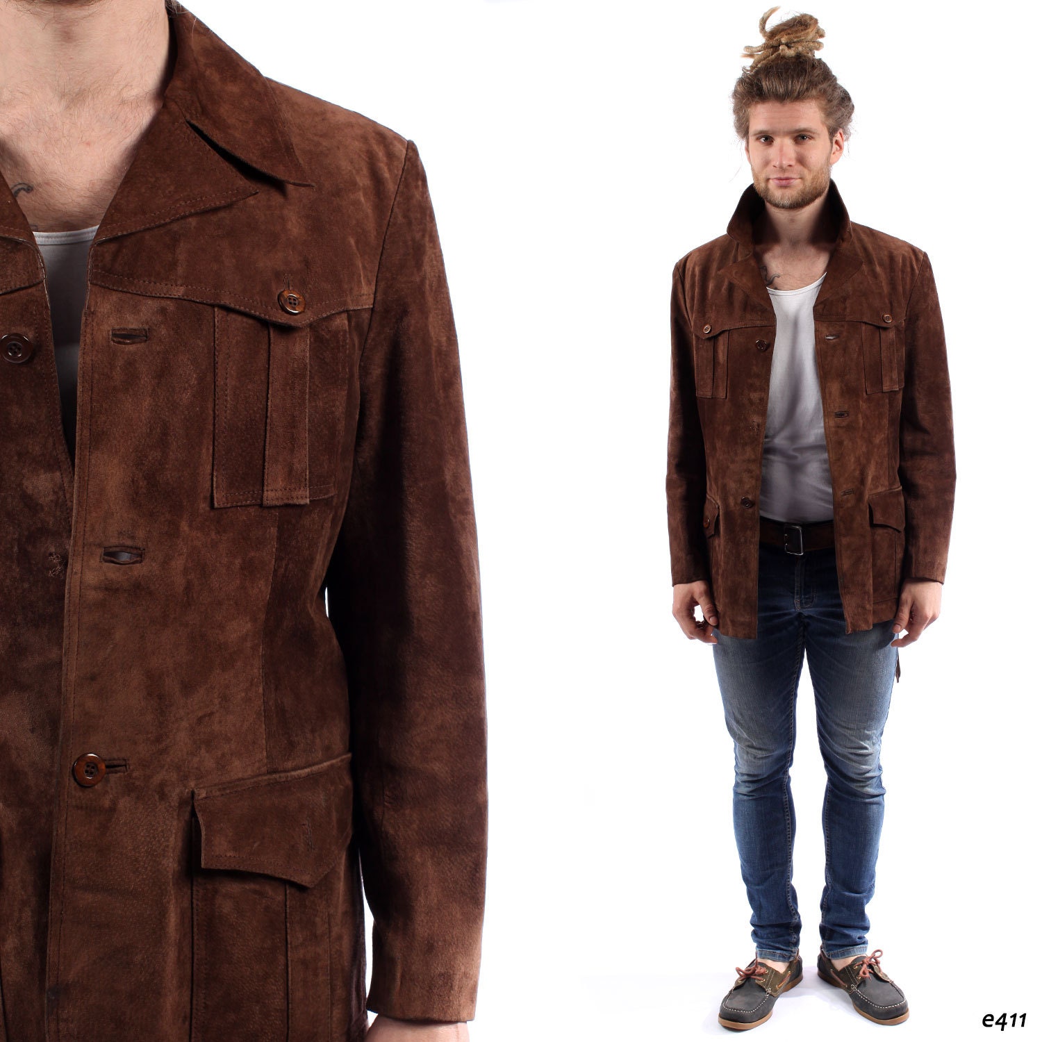 Mens Leather Jacket Field Suede Parka Blazer Brown Vintage Zoom