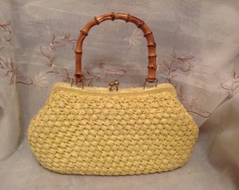 Vintage Yellow Straw Handbag Purse Chic Preppy Old Fashion Style Worn ...