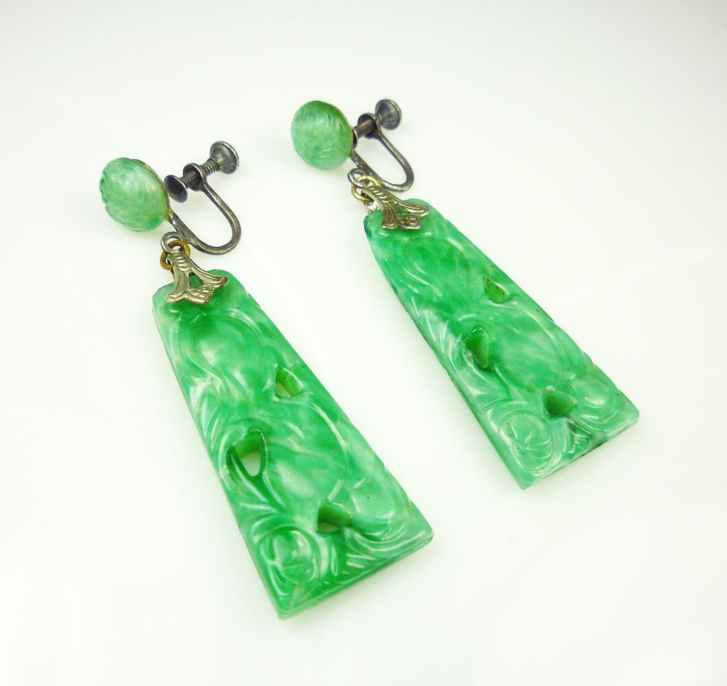 Art Deco Earrings Carved Jade Glass Sterling Chandelier