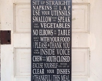 Table Manners Dinner Rules Wooden Painted Sign - Typography Word Art in Black
