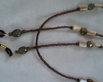 Lovely Creamy Mother of Pearl and Green Garnet Eyeglass Lanyard. Never Misplace Your Glasses Again!