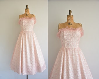1950s style dress - 50s pink and sliver lace party dress - 50s strapless dress