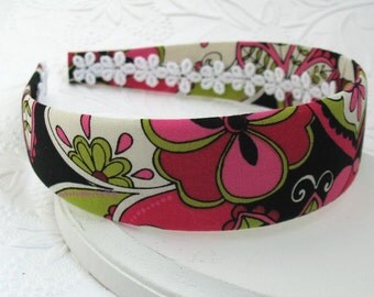 Fabric Covered Headband, Mod Flowers Wide Fabric Covered Plastic Headband, Adult Headband, Womens Headband