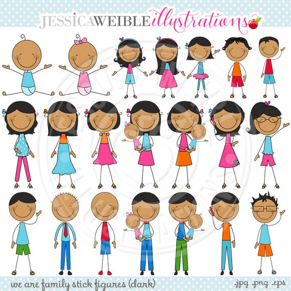 Dark Skin We Are Family Stick Figures Cute Digital Clip Art - Commercial Use OK - Stick Figure Family Graphics Il_570xn