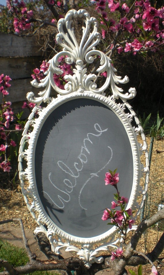 SALE Vintage White Framed Chalkboard Mirror Large Oval Shabby