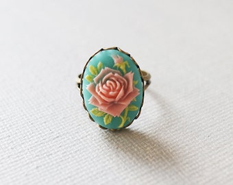 Vintage Style Rose Cameo Ring. flower cameo ring. adjustable ring. antique brass ring.
