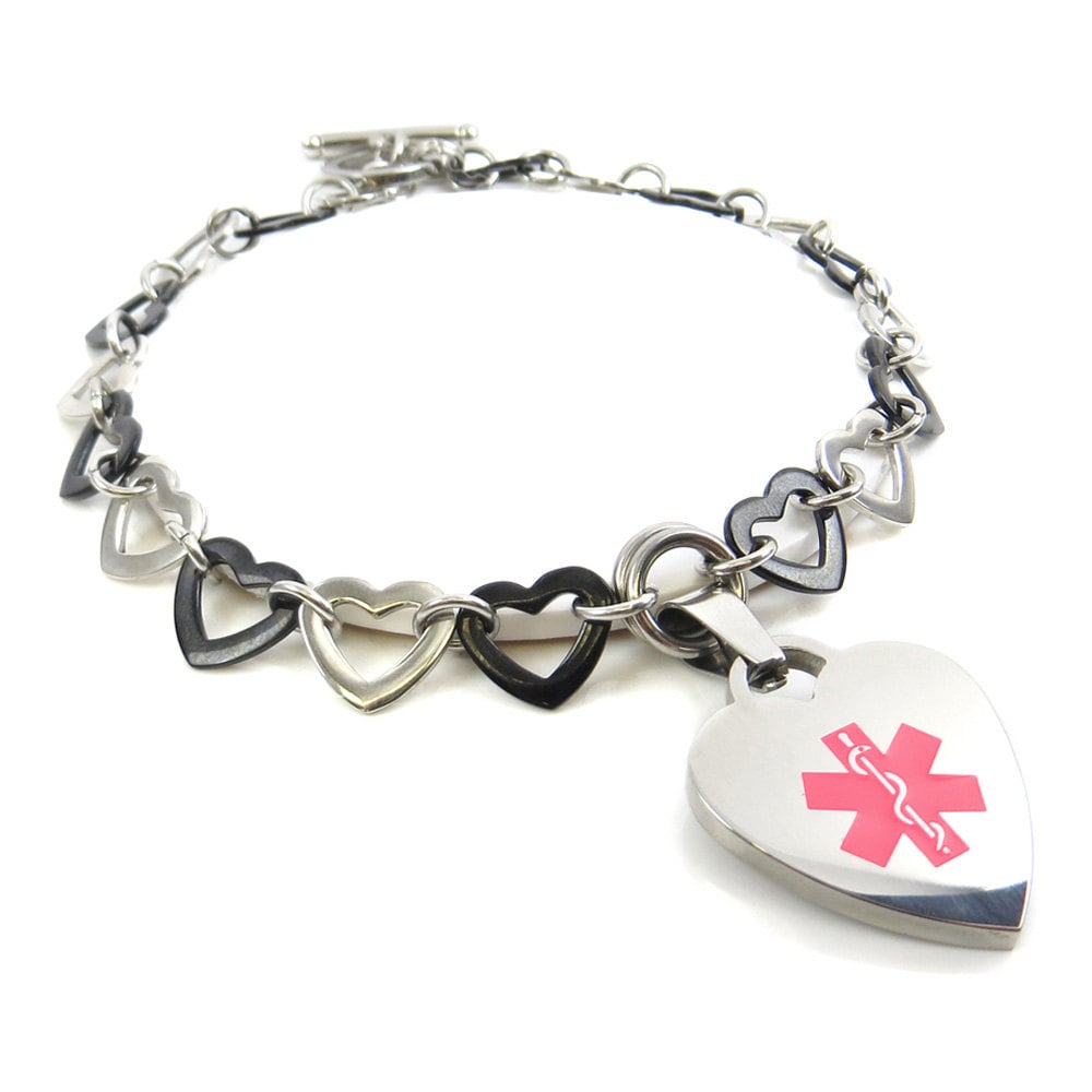 Medical Alert Charm Bracelet Steel Silver & Black Hearts
