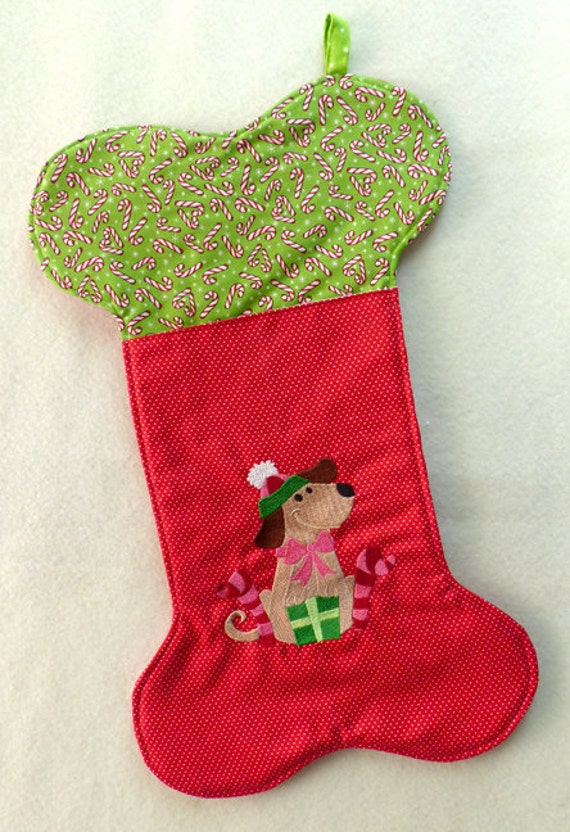 Bone Shaped Christmas Stocking featuring an Embroidered Dog