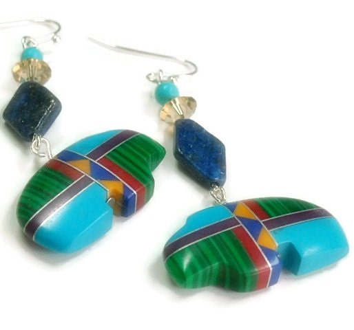 Spirit Bear Earrings Inlay Zuni Bear Earrings Lapis Lazuli