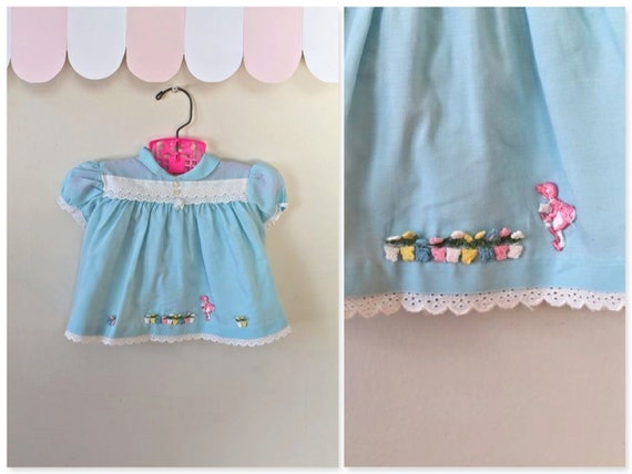 vintage 60s baby dress - GARDENING baby blue dress / 6-12M