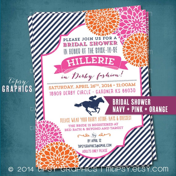 Kentucky Derby Birthday or Bridal Shower Party Invitation. Stripes and Mums. Any text or Colors by Tipsy Graphics Il_570xn