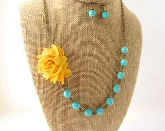 Yellow Statement Necklace Yellow and Turquoise Beaded Flower Necklace Wedding Jewelry Yellow Bridesmaid Jewelry