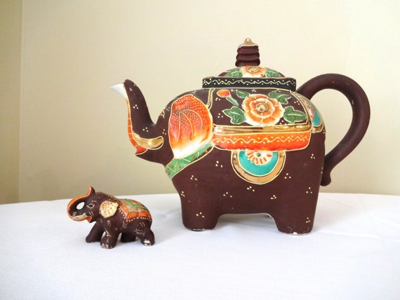 Antique Decorated Elephant Teapot Tea Pot & matching figurine