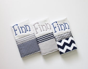 3 Personalized Baby Boy Burp Cloth Set in Navy and Gray - Polka Dots and Chevron