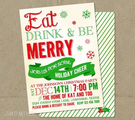 Eat Drink and be Merry Christmas Party Invitations DIY