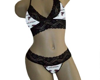 Sexy Atlanta Falcons NFL Lingerie Black Lace Cami Bralette Style Tie-Top and Matching G-String Panty Thong CUSTOM Sizing