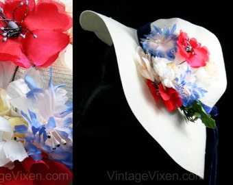 Girls Easter Hat - 1950s Vintage Easter Bonnet - Red Poppies & Blue Flowers - Girl's Spring Hat with Navy Velvet Tails - White Straw - 41430