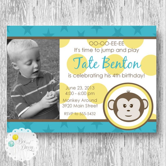 Mod Monkey Invitation for Birthday Party or Baby Shower Boys DIY Blue Invite by BeeAndDaisy Il_570xn