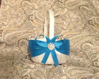 flower girl basket wedding turquoise blue and white or ivory custom made