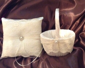 lace flower girl basket and ring bearer pillow ivory or white custom made wedding