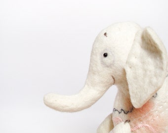 White Felt Elephant - Berthina. Felt toy. Marionette. Puppet. Plush toy, Felted Stuffed Toy. Waldorf toy. Baby shower. pink. MADE TO ORDER