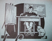 Vintage French 1940s School Exercise Note Book Studious Student Cat Cover