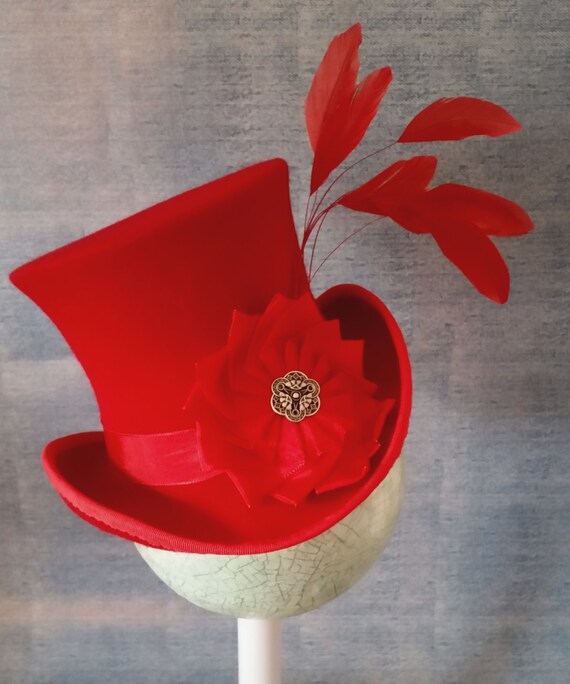 Red, Feathery Mini Top Hat. Burlesque, Steampunk, Bridal, Tea Party, Victoriana, Circus