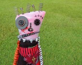 Halloween Zombie Monster Art Doll, OOAK Original Design, Textile Mixed Media Art Doll, Hand Printed Painted Drawn Fabric, Creepy Cute Skulls