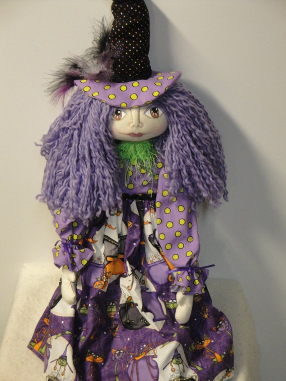 Purple Hair Halloween Witch Handmade Cloth Art Doll