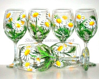 Springtime White Daisies Hand Painted Wine Glasses Set of 6 / 20 oz. Wine Glasses, Painted, Wine, Handpainted Wine Glasses Daisy Wedding