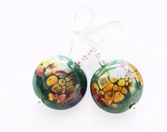 Glass Bead Earrings, Lampwork Earrings, Green Dangle Earrings, Beadwork Earrings, Lampwork Jewelry, Tan Earrings - Green Forest