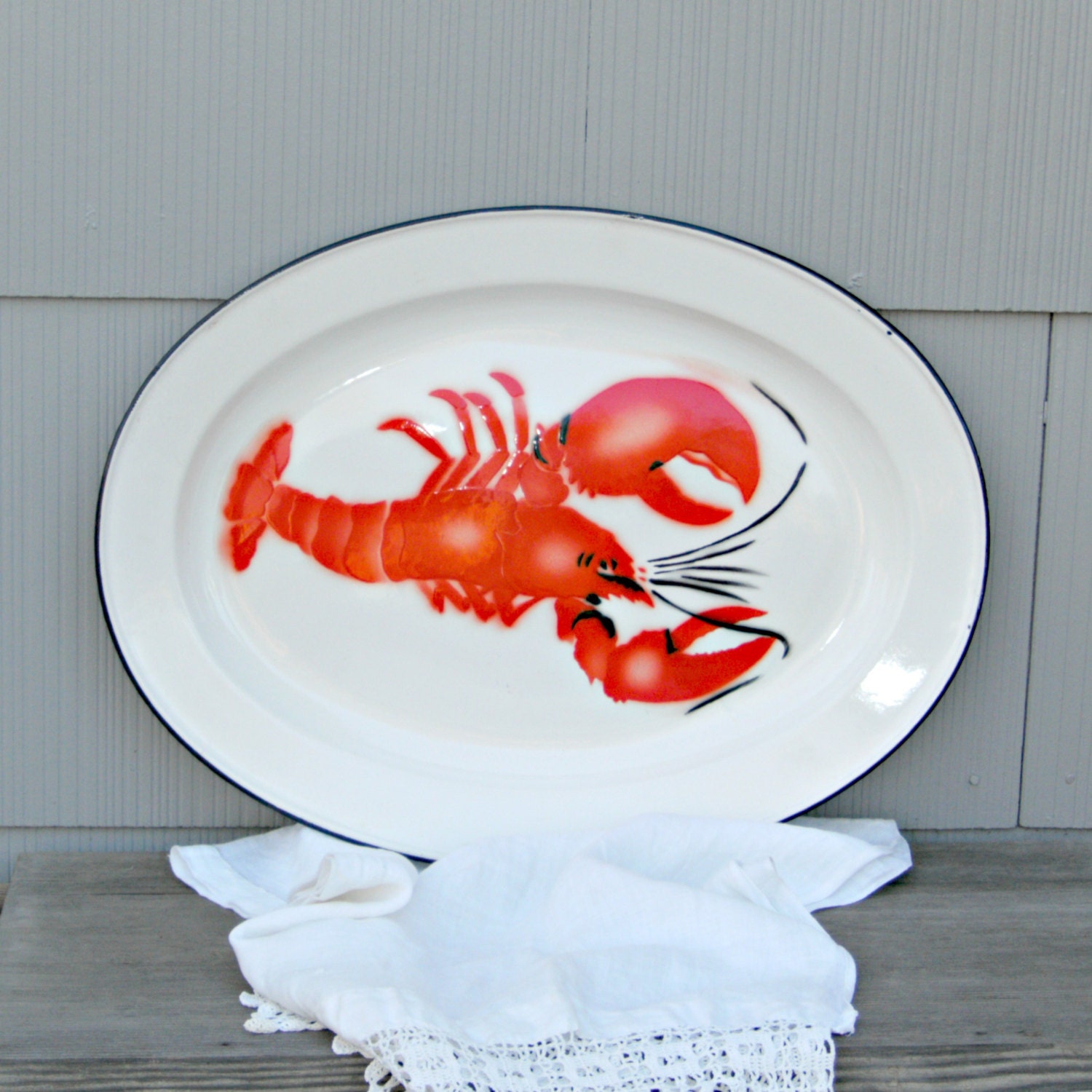 Vintage Enamelware Lobster Serving Tray by LittleVintageCottage