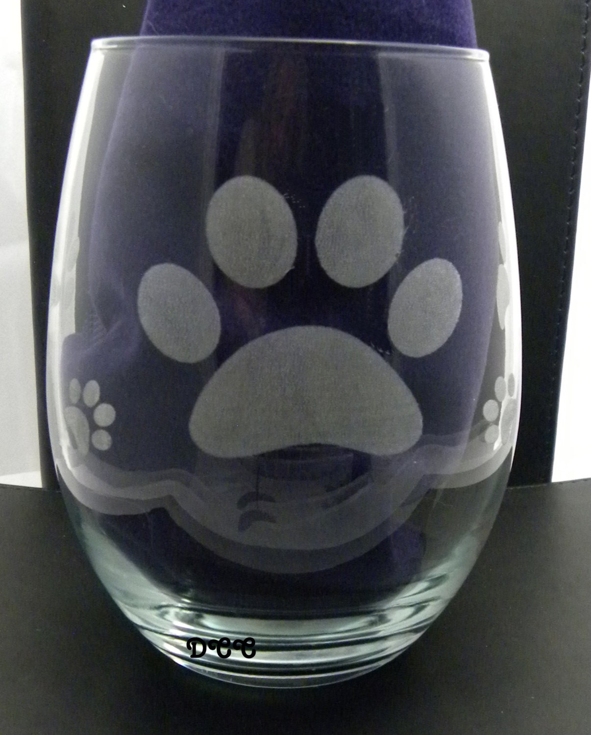 Wine Stemless Etched Glass Dog Paw Print Fun Glass Beverages
