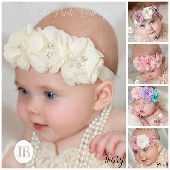 PICK COLOR Ivory Baby Headband, Baby Headbands,Baby girl Headband,Newborn Headband, Baptism Headband, Baby Headband,Hair Bows. by ThinkPinkBows