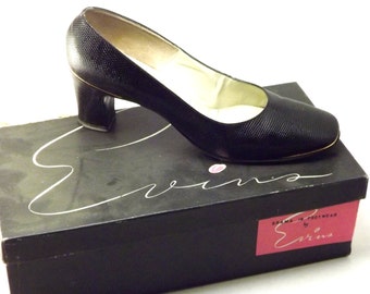 Womens Black Leather Shoes, Chunky Heel Pumps, Gold Tipped Snakeskin Designer David Evins Shoes, Size 6.5, 6 1/2 N Narrow US