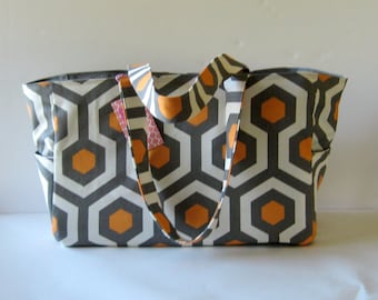 MADE TO ORDER Honeycomb Diaper Bag, with Waterproof lining, Gray/Orange/White