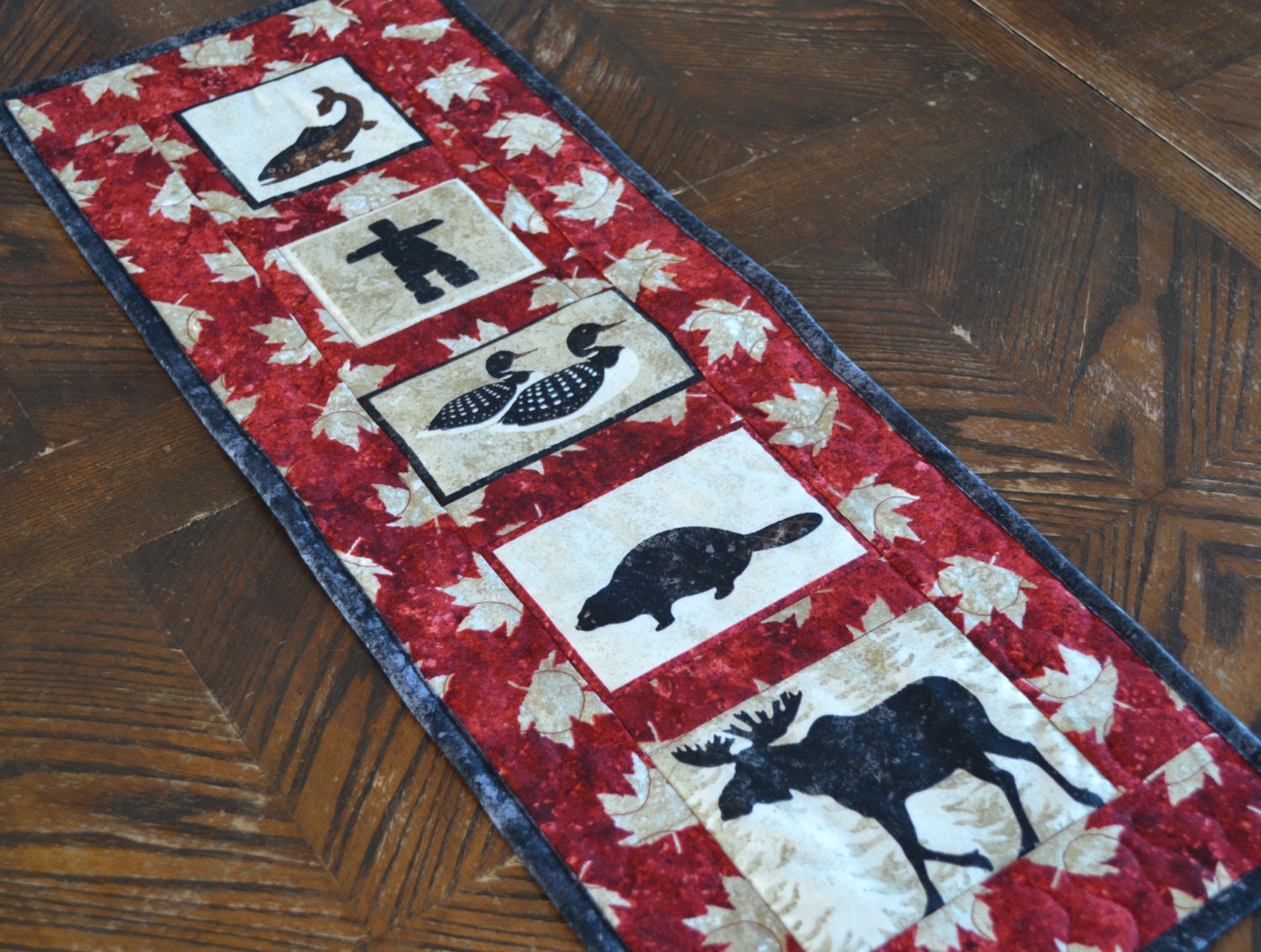 Canadian Art Quilt Wall Hanging Moose Beaver Loon Salmon