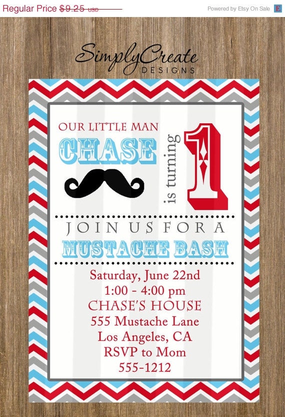 SALE Mustache Party Invitation 5x7 Invite Jpeg DIGITAL File Il_570xn
