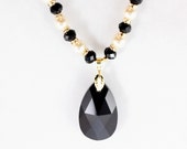 Cream Pearl and Black Crystal Necklace with Swarovski Drop Pendant, Bridal, Prom, Mothers Day