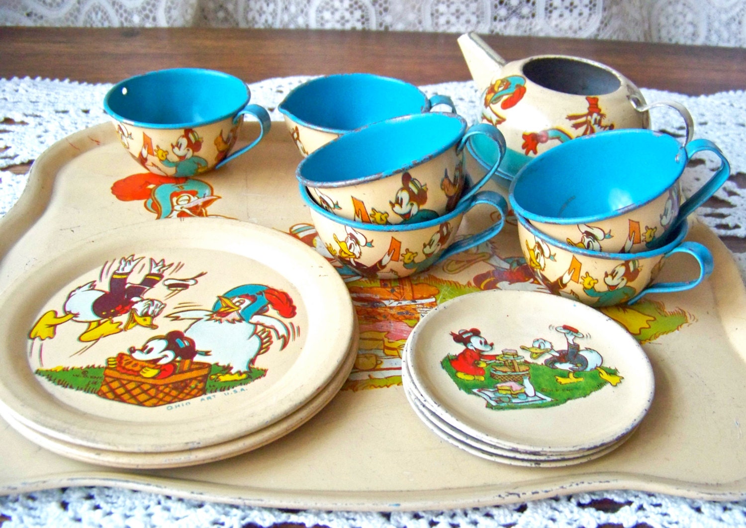 Vintage Mickey Mouse Childs Tea Set 1930s Minnie Mouse Donald