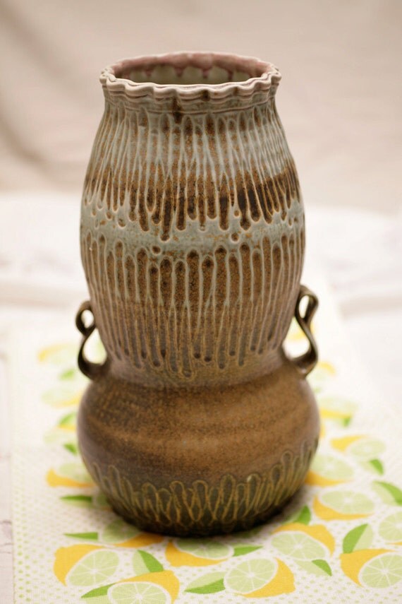Carved belly vase with decorative handles and by RyanBallArt