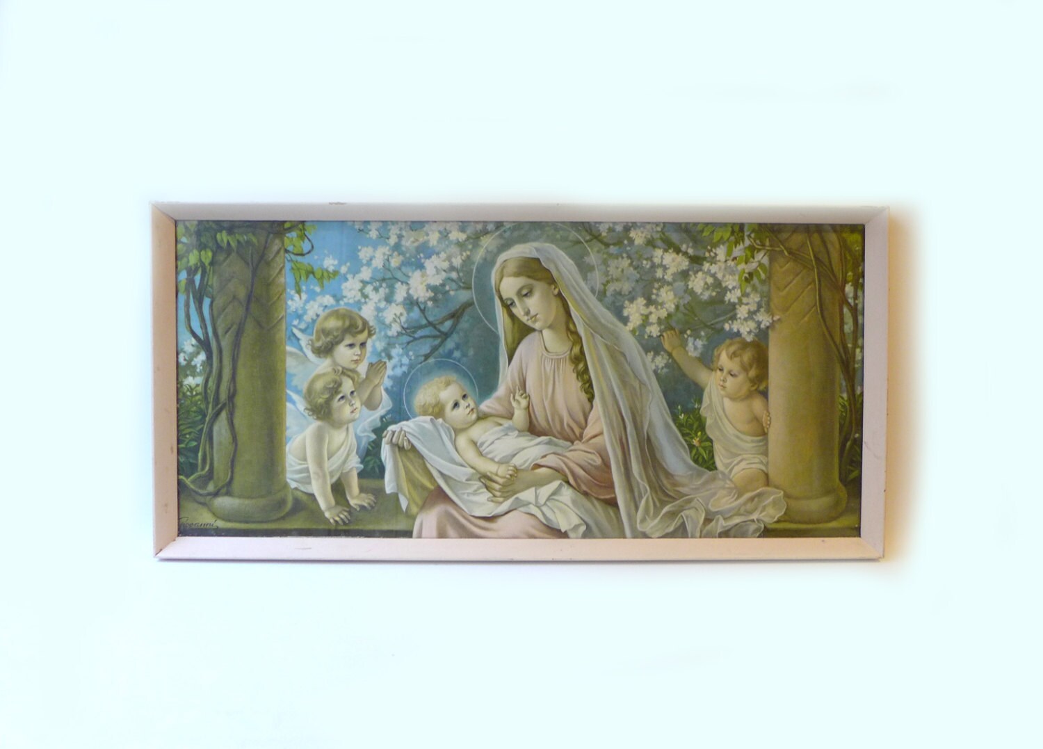 Vintage large mid century modern religious art litho print