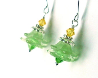 Lucite flower crystal earrings, green flower layered earrings, yellow green beads Austrian crystal, bright silver, flower jewelry