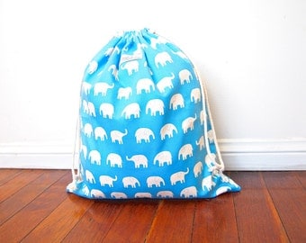 Large Drawstring Bag / Library Bag / Laundry Bag - Blue Elephants