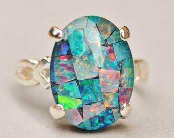 GENUINE Australian Opal Ring,Mosaic Opal Ring,Sterling Silver,Opal Jewelry,Birthstone,Gift for Her,Blue Opal,Gemstone Ring,OOAK